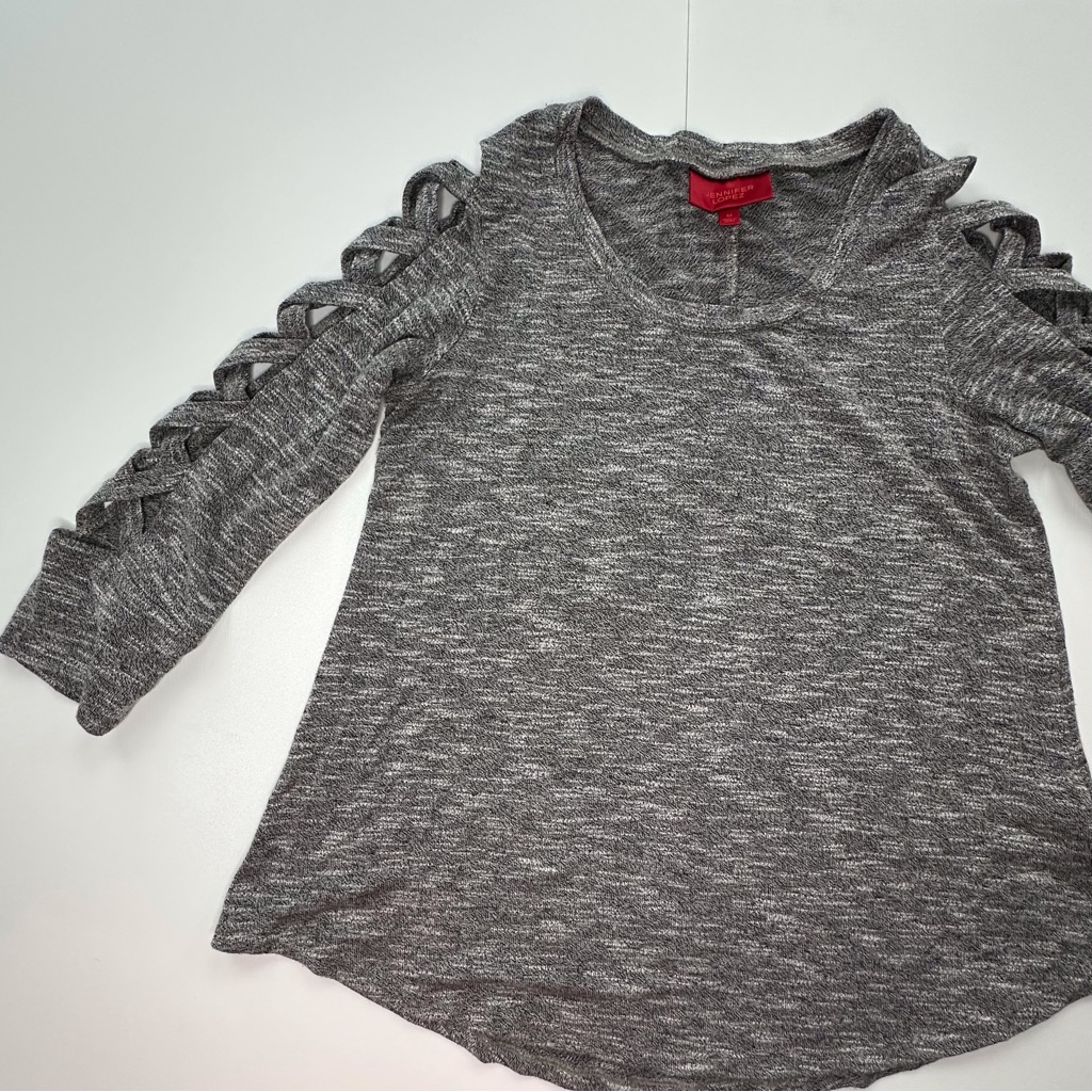 Jennifer Lopez Gray Pullover Sweater Criss Cross Cut-Out Sleeves Women’s Medium — image 3 of 8